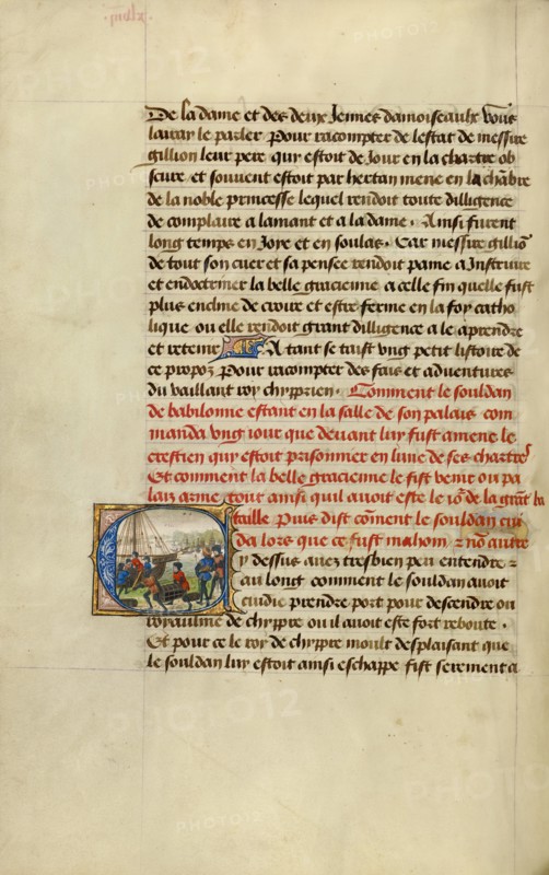 Initial C: Troops Loading Provisions onto a Ship; Roman de Gillion de Trazegnies, 1464. Creators: Lieven van Lathem, David Aubert.