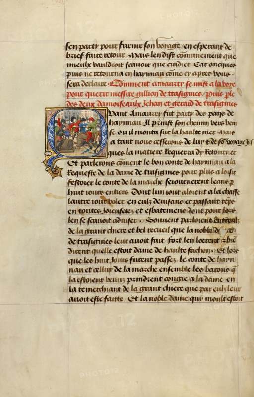Initial Q: Gillion's Sons in a Mock Joust; Roman de Gillion de Trazegnies, 1464. Creators: Lieven van Lathem, David Aubert.