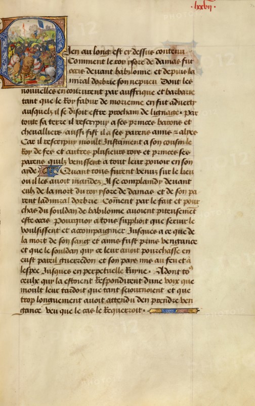 Initial B: Gillion Defeating the Emir of Tripoli; Roman de Gillion de Trazegnies, 1464. Creators: Lieven van Lathem, David Aubert.
