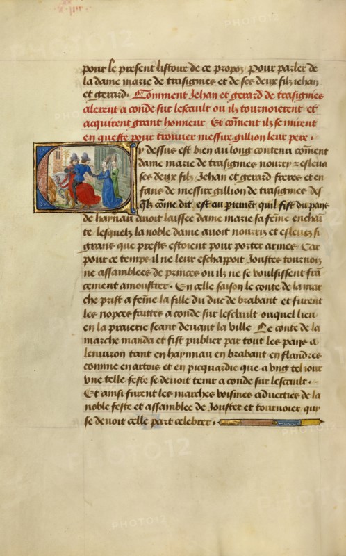 Initial C: Gillion's Sons Taking Leave of Their Mother Marie; Roman de Gillion de Trazegnies, 1464. Creators: Lieven van Lathem, David Aubert.