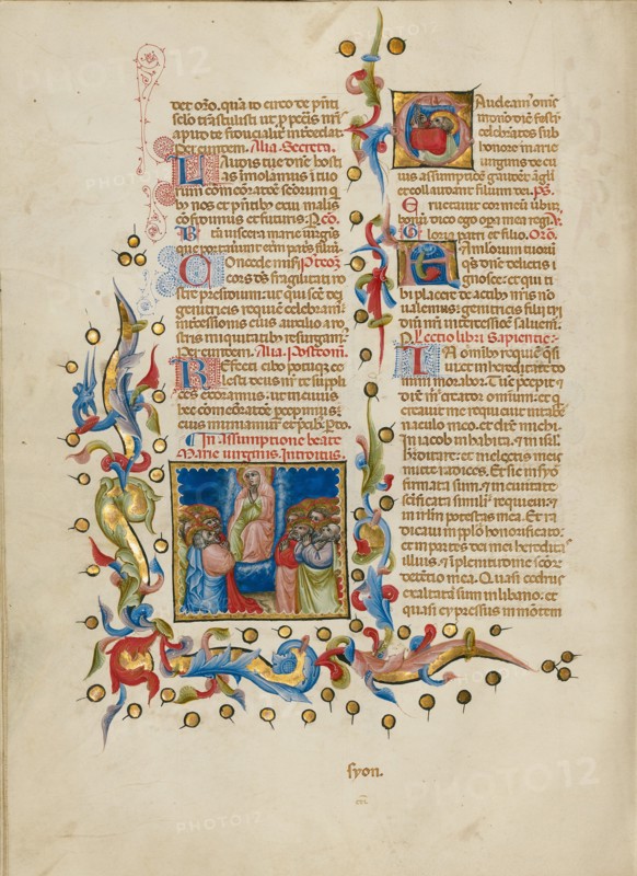 The Assumption of the Virgin: Initial G: Saint Thomas Receiving the..., between about 1389 and 1400. Creator: Master of the Brussels Initials.
