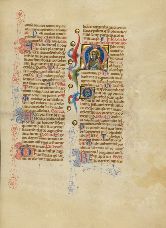 Initial M: Saint Bartholomew; Missal, between about 1389 and 1400. Creator: Master of the Brussels Initials.