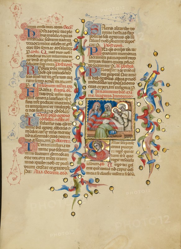 The Birth of the Virgin: Initial S: The Virgin Reading; The Nativity...between about 1389 and 1400. Creator: Master of the Brussels Initials.
