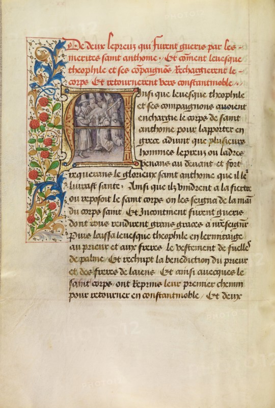 Initial A: The Body of Saint Anthony Transported to Constantinople and the Healing..., about 1465-70 Creators: Master of the Brussels Romuléon, Workshop of the Master of the Brussels Romuléon.