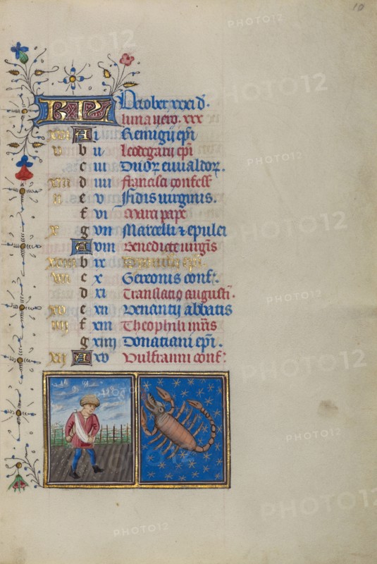 Calendar Page for October: Sowing: Scorpio; Calendar Page for October, about 1450-1455. Creator: Master of the Lee Hours.