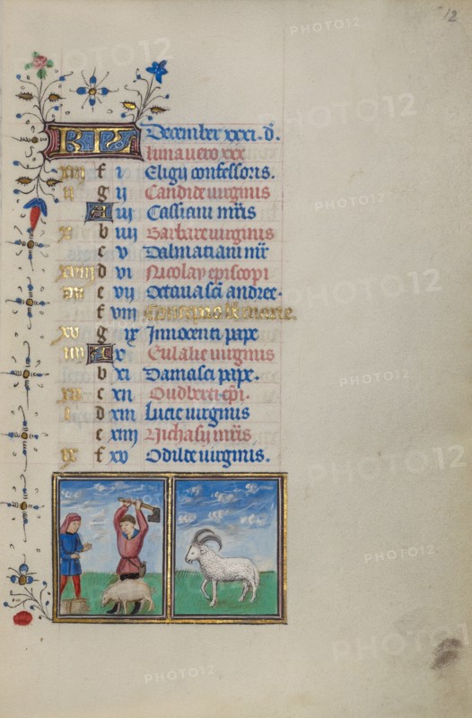 Calendar Page for December: Slaughtering a Pig: Capricorn; Book of Hours, about 1450-1455. Creator: Master of the Lee Hours.