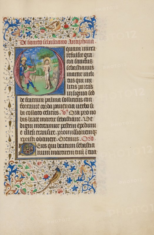 Initial O: The Martyrdom of Saint Sebastian; Llangattock Hours, 1450s. Creator: Master of the Llangattock Hours.