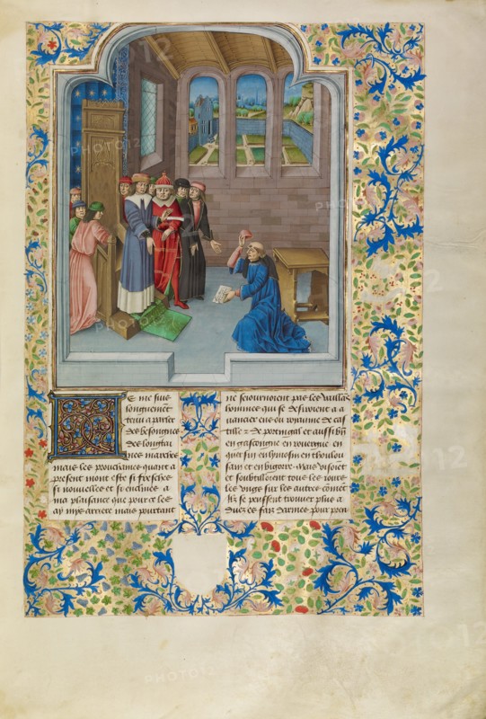 Froissart Kneeling before Gaston Phébus, Count of Foix, c1360s; about 1480-1483. Creator: Master of the Soane Josephus.