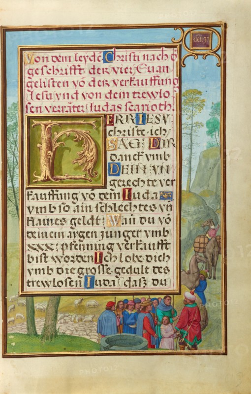 Border with Joseph Being Sold by His Brothers, about 1525-1530. Creator: Simon Bening.