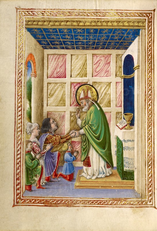 Saint Bellinus Celebrating Mass; Gualenghi-d'Este Hours, about 1469. Creator: Taddeo Crivelli.