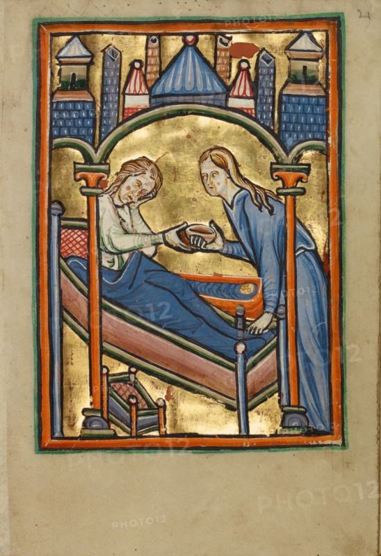 The Birth of the Virgin; Illustrated Vita Christi..., about 1190-1200; text added about 1480-1490. Creator: Unknown.
