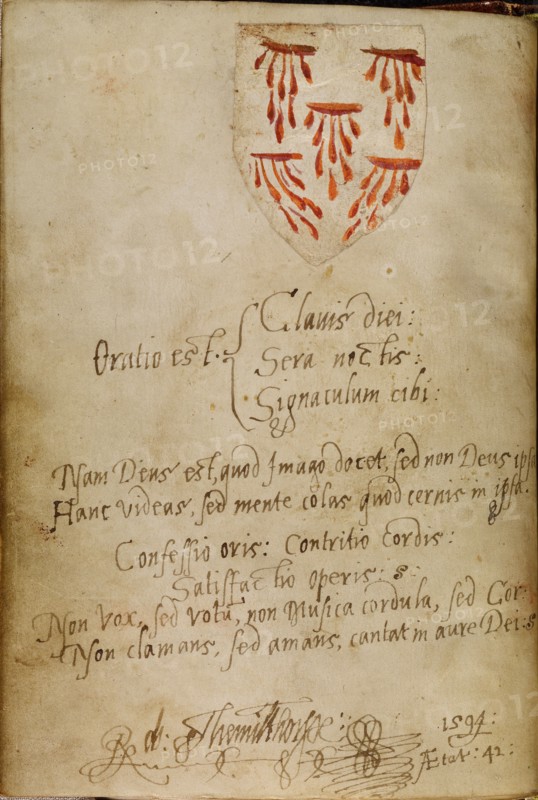 Blank Page with added inscription and pasted-in shield with the Five Wounds, about 1480-1490. Creator: Unknown.