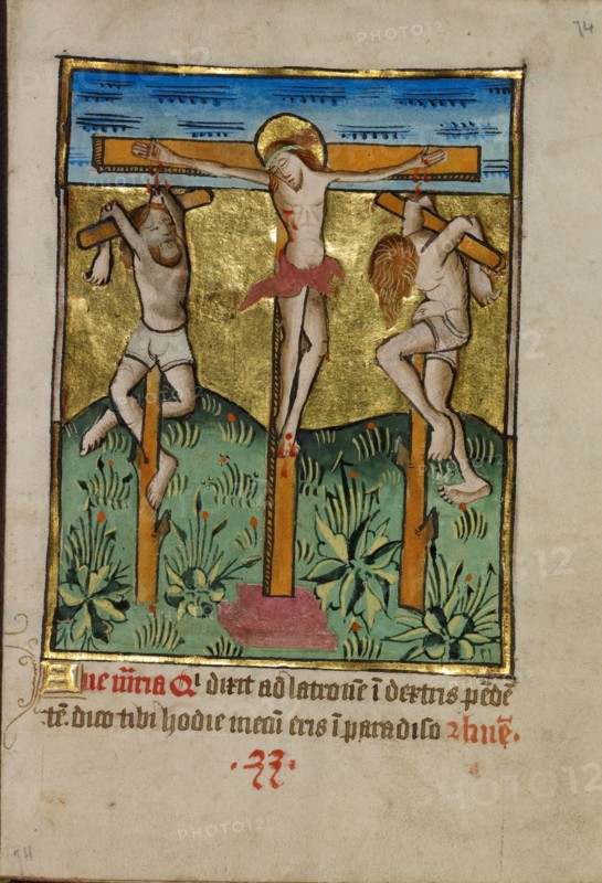 Christ Crucified between the Two Thieves; Illustrated Vita Christi..., about 1480-1490. Creator: Unknown.