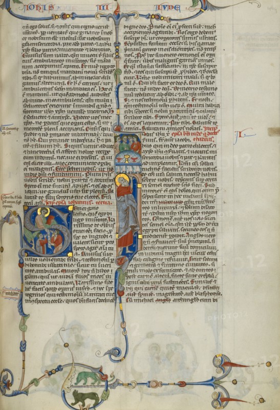 Initial S: Saint John Handing a Scroll to Two Men: Initial I: Saint Jude..., about 1250-1262. Creator: Unknown.