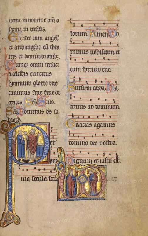 Initial P: A Priest and Two Deacons before an Altar: Monogram VD..., between 1234 and 1262. Creator: Unknown.