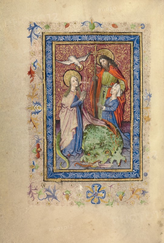 A Bearded Saint with Cruciform Staff Presenting a Kneeling Woman to Saint Margaret, after 1460. Creator: Unknown.