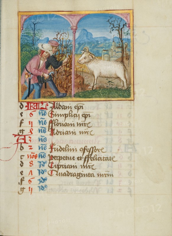 March Calendar Page: Pruning Trees: Aries; Book of Hours, early 16th century. Creator: Unknown.