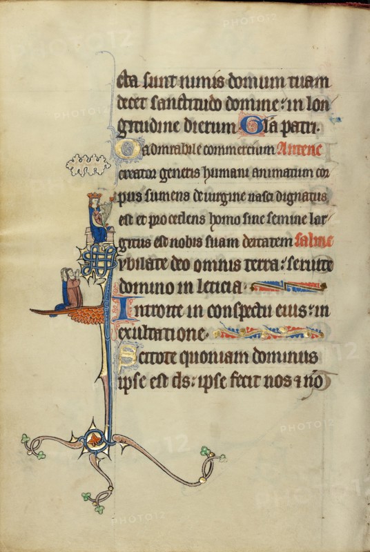 Initial J: David Playing the Harp and Two Persons Praying; Ruskin Hours, about 1300. Creator: Unknown.