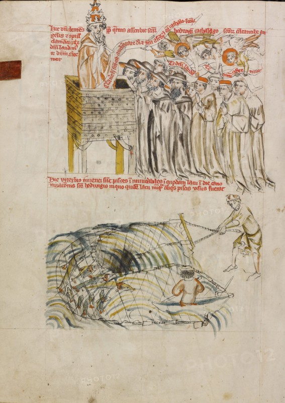 Pope Clement Entering Saint Hedwig's Name on the Register of Saints; Men Fishing in a Pond..., 1353. Creator: Unknown.