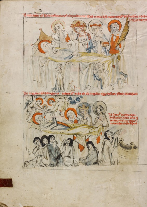 Saint Hedwig on Her Sickbed Surrounded by Saints; The Death of Saint Hedwig and Her Soul..., 1353. Creator: Unknown.