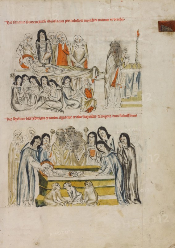 Nuns Praying over the Body of Saint Hedwig: The Burial of Saint Hedwig; Vita beatae Hedwigis, 1353. Creator: Unknown.
