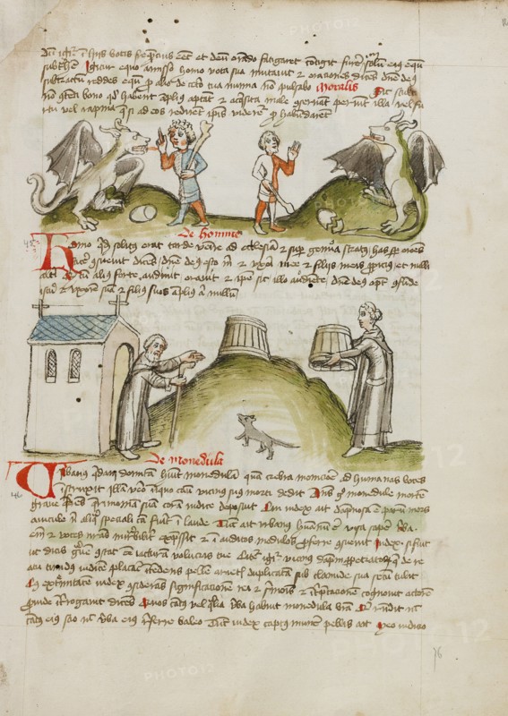 A Dragon and a Farmer with a Club: A Hermit before a Chapel and a..., third quarter of 15th century. Creator: Unknown.