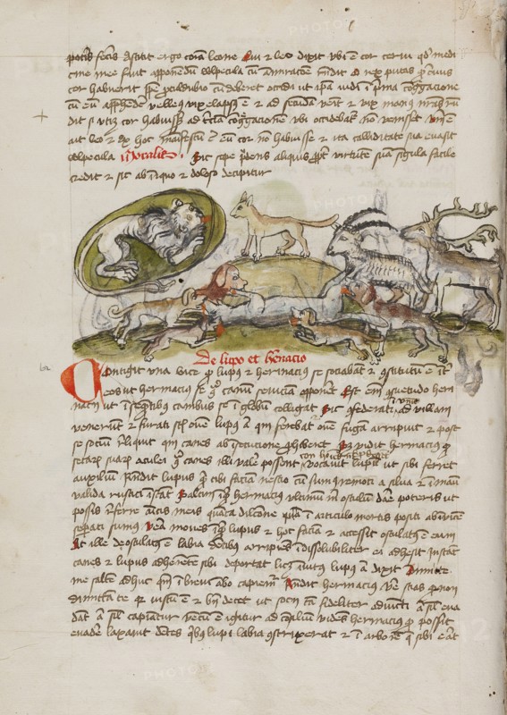 A Lion in its Den and Animals Biting a Wolf; Fables, third quarter of 15th century. Creator: Unknown.