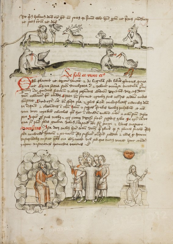 A Lion before a Bird in a Tree with a Stag, a Sheep, and a Wolf..., third quarter of 15th century. Creator: Unknown.