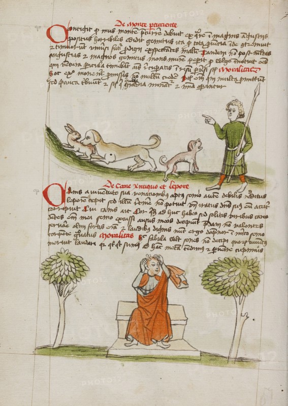 A Dog Biting a Hare and A Hunter Speaking to the Dog: A Man..., third quarter of 15th century. Creator: Unknown.