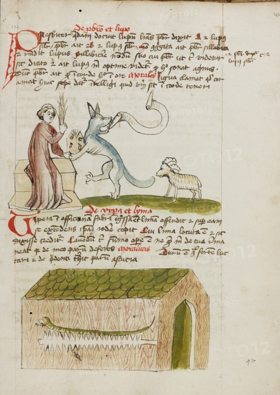 A Cleric Instructing a Wolf with a Rod: A Snake in a House; Fables, third quarter of 15th century. Creator: Unknown.