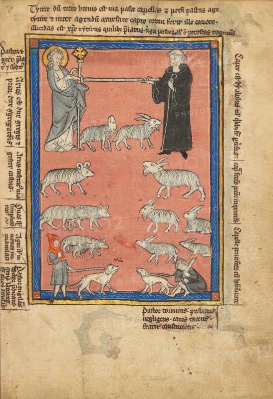 Christ and a Monk and Two Shepherds; De Natura Avium; De Pastoribus et Ovibus, 1277 or after. Creator: Unknown.
