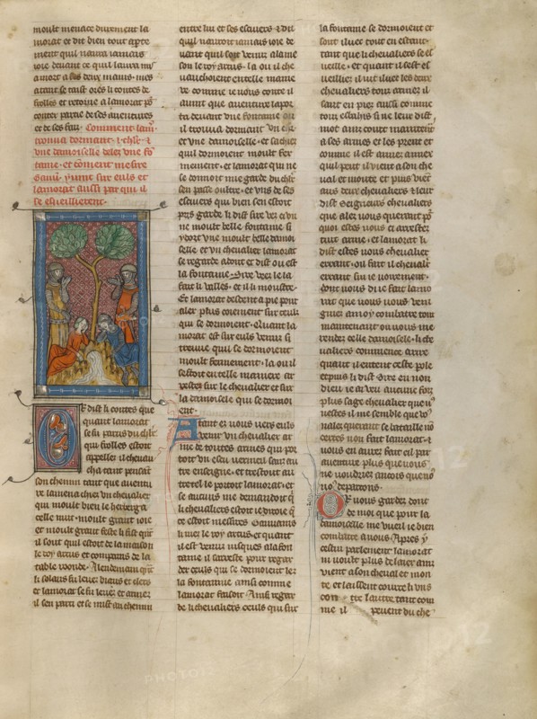 Lamorat Finds a Knight and a Woman Sleeping and Speaks to Gawain, about 1320-1340. Creator: Unknown.