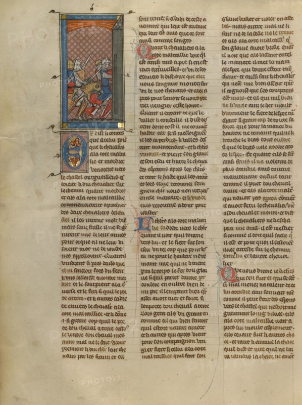 Mordret and Knight à la cote mal taillée Pursuing Two Knights, about 1320-1340. Creator: Unknown.
