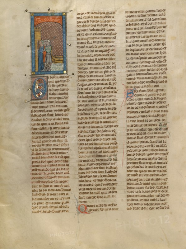 Tristan, Kahedin, and Brangain Arriving at Castle Tintaguel, about 1320-1340. Creator: Unknown.