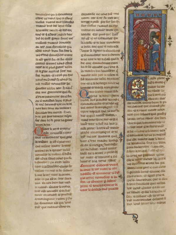 Gaheriet Speaking to Queen Iseult about Tristan, about 1320-1340. Creator: Unknown.
