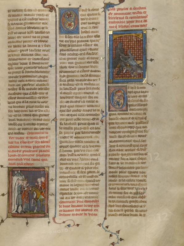 King Mark of Cornwall Speaking to Blioberis: Sword Fight between Tristan and..., about 1320-40. Creator: Unknown.