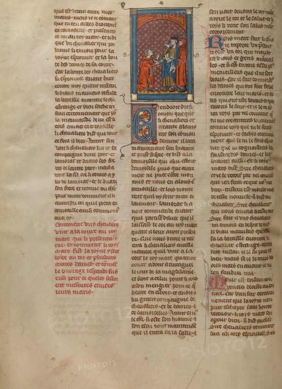 A Knight Presenting a Magic Ivory Horn to King Mark, about 1320-1340. Creator: Unknown.