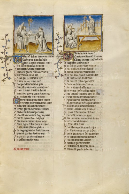 The God of Love Giving a Crosier and a Miter to Genius: Genius Reading a Scroll..., about 1405. Creator: Unknown.