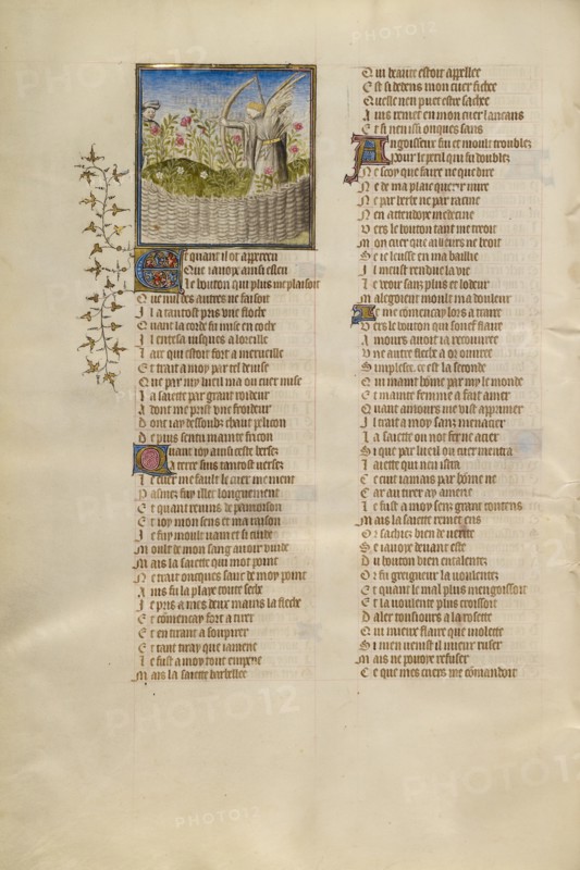 The God of Love Aiming an Arrow at the Lover; Roman de la Rose, about 1405. Creator: Unknown.
