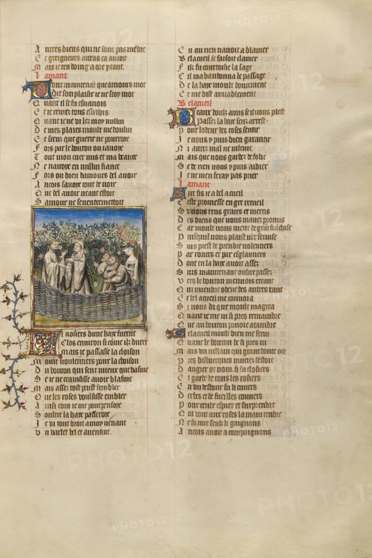 The Personification of Good Reception and the Son of Courtesy Speaking to the Lover..., about 1405. Creator: Unknown.