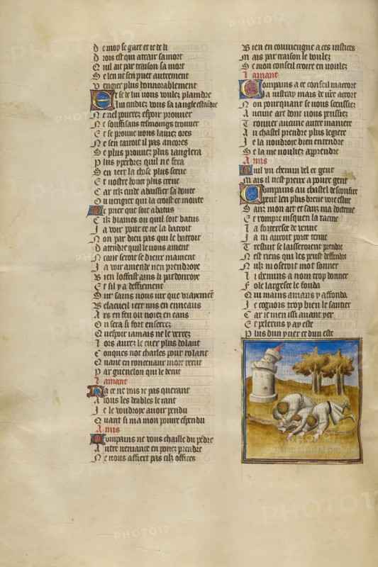 Three Men Cast to the Ground as the Castle of Generosity Collapses; Roman de la Rose, about 1405. Creator: Unknown.