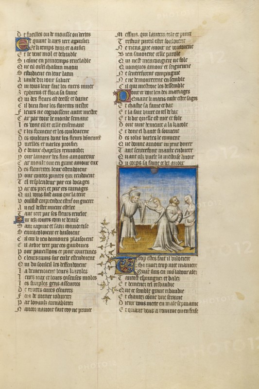 A Husband Beating his Wife with a Stick; Roman de la Rose, about 1405. Creator: Unknown.