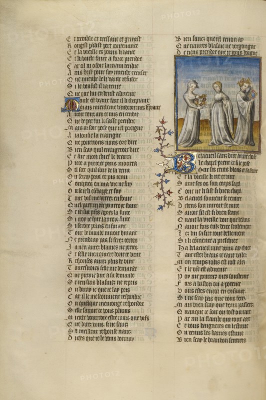 The Personification of Old Age Giving a Garland to Good Reception; Roman de la Rose, about 1405. Creator: Unknown.