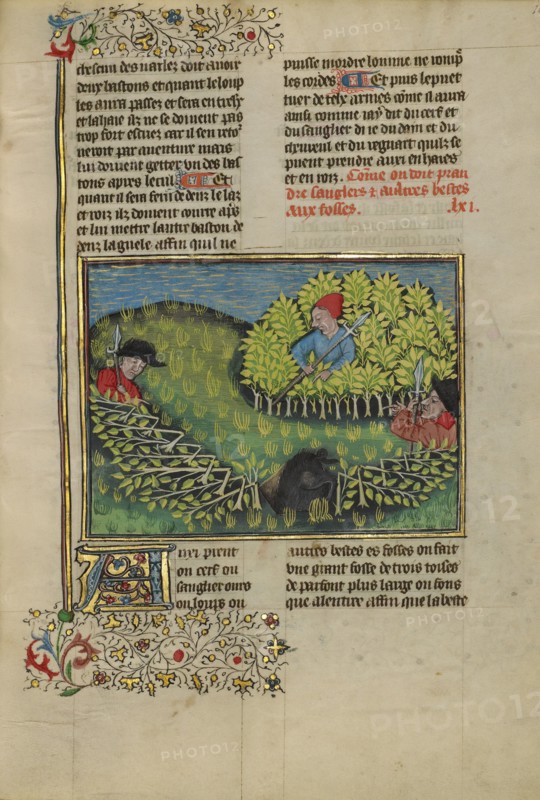 Hunters Driving a Wild Boar into a Pit; Livre de la Chasse, about 1430-1440. Creator: Unknown.
