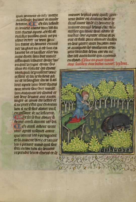 An Archer on a Platform Shooting at a Wallowing Wild Boar; Livre de la Chasse, about 1430-1440. Creator: Unknown.
