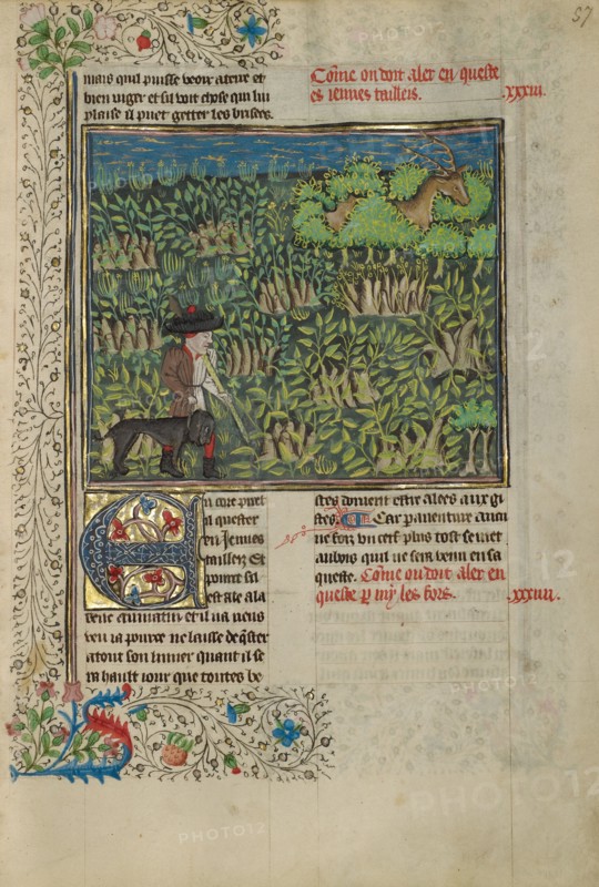 A Hunter and a Dog Tracking in a Copse; Livre de la Chasse, about 1430-1440. Creator: Unknown.