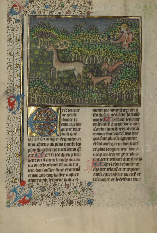 A Hunter and Dogs Pursuing a Fallow Deer; Livre de la Chasse; A Deer Hunt, about 1430-1440. Creator: Unknown.