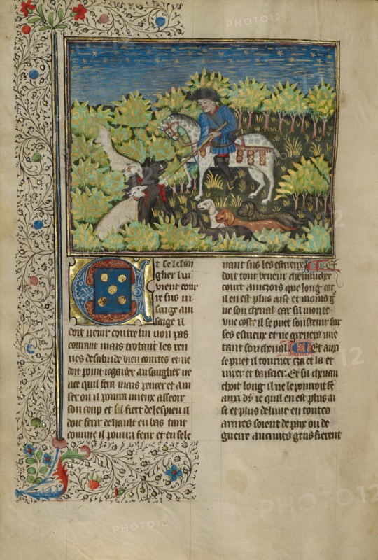 A Hunter and Dogs Killing a Wild Boar; Livre de la Chasse, about 1430-1440. Creator: Unknown.