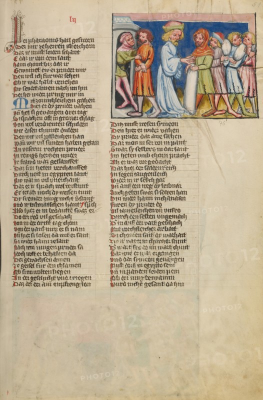 Simeon Taken Prisoner While Joseph's Other Brothers Return to Canaan; Weltchronik, about 1400-1410. Creator: Unknown.