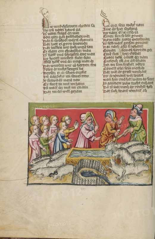 Moses Driving Away the Shepherds at the Well in Midian; Weltchronik, about 1400-1410. Creator: Unknown.